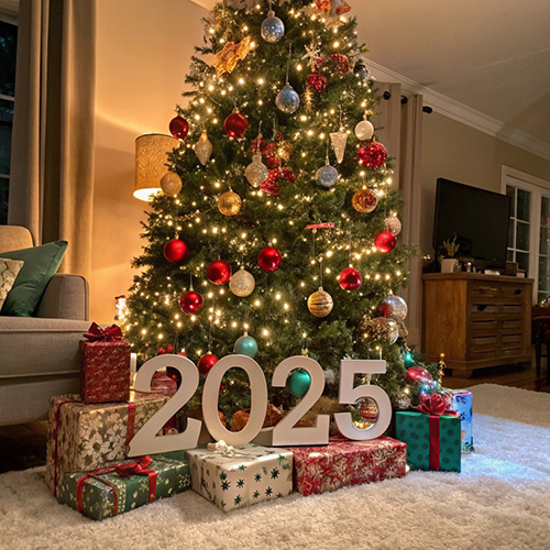 наряженная елка, подарки и надпись 2025 картинка